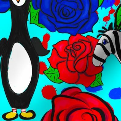 Black and White Animals on Red and Blue Roses