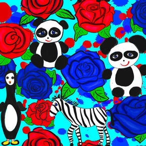 Black and White Animals on Red and Blue Roses