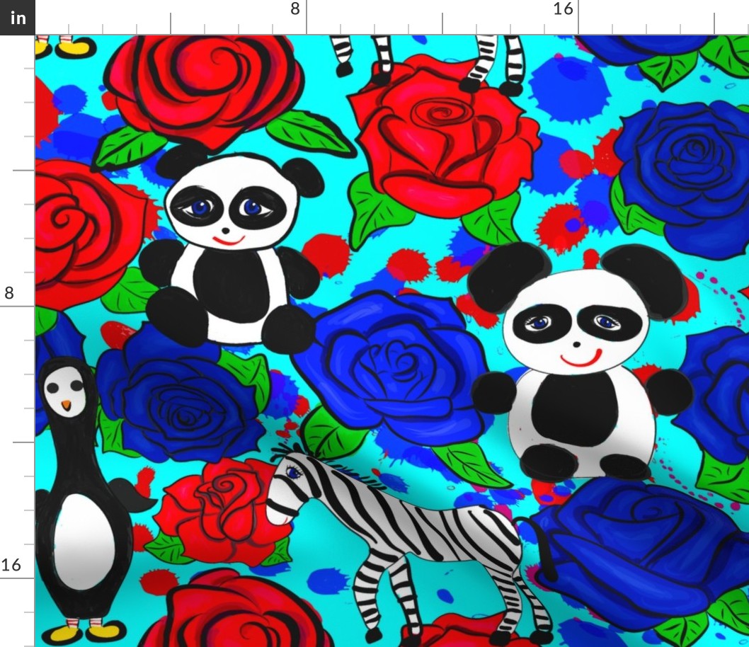 Black and White Animals on Red and Blue Roses