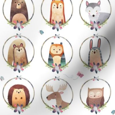 Woodland Critter Faces (pink flower) Baby Nursery Animals, Bear Wolf Fox Moose Owl Raccoon Hedgehog, GingerLous SMALL SCALE