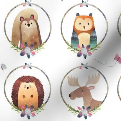 Woodland Critter Faces (pink flower) Baby Nursery Animals, Bear Wolf Fox Moose Owl Raccoon Hedgehog, GingerLous MEDIUM SCALE