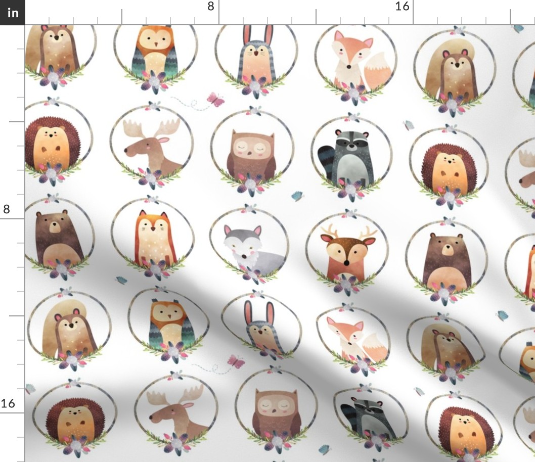 Woodland Critter Faces (pink flower) Baby Nursery Animals, Bear Wolf Fox Moose Owl Raccoon Hedgehog, GingerLous MEDIUM SCALE