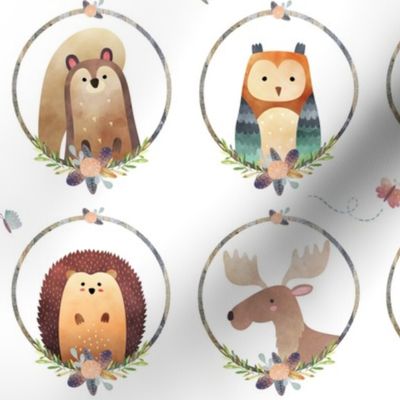 Woodland Critter Faces – Blush Baby Nursery Animals, Bear Wolf Fox Moose Owl Raccoon Hedgehog, GingerLous LARGE A