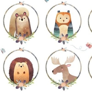 Woodland Critter Faces – Blush Baby Nursery Animals, Bear Wolf Fox Moose Owl Raccoon Hedgehog, GingerLous LARGE A