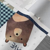 3" BLOCKS- Woodland Critters Patchwork Quilt - Bear Moose Fox Raccoon Wolf, Navy & Crystal Mint Design ROTATED