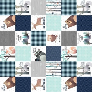 3" BLOCKS- Woodland Critters Patchwork Quilt - Bear Moose Fox Raccoon Wolf, Navy & Crystal Mint Design ROTATED