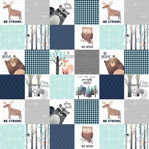 3" BLOCKS- Woodland Critters Patchwork Quilt - Bear Moose Fox Raccoon Wolf, Navy & Crystal Mint Design GingerLous