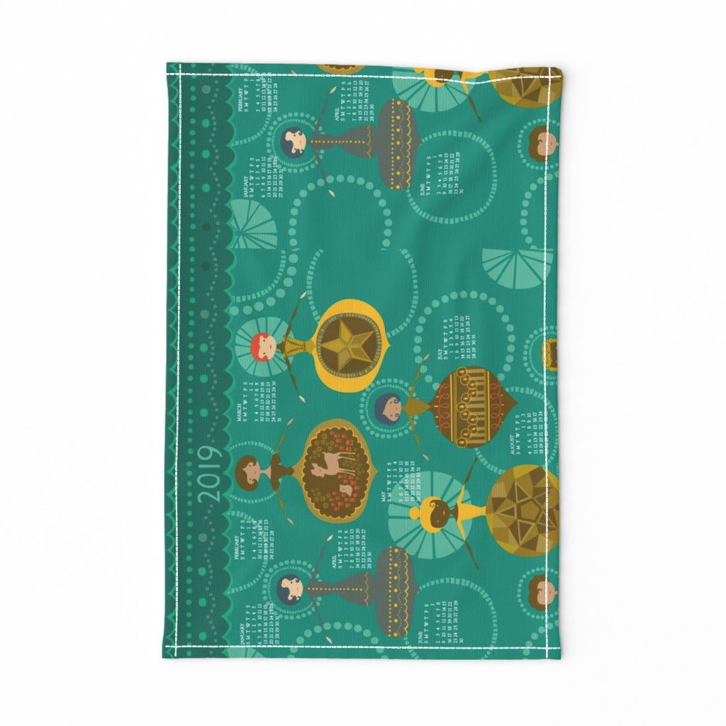 Vintage Ornaments {Teal} 2019 Calendar Tea Towel