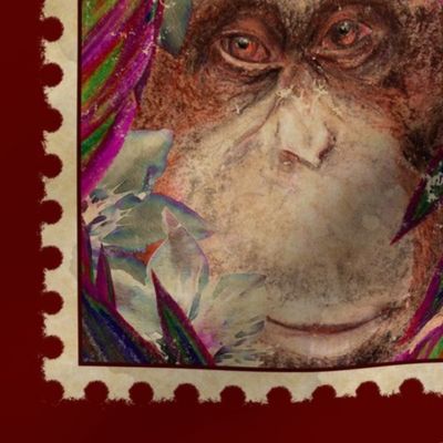 18" VINTAGE STAMP PANEL ORANGUTAN MONKEY Burgundy with seam allowance