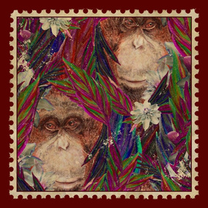 18" VINTAGE STAMP PANEL ORANGUTAN MONKEY Burgundy with seam allowance