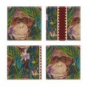 18" VINTAGE STAMP ORANGUTAN MONKEY green blue with seam allowance