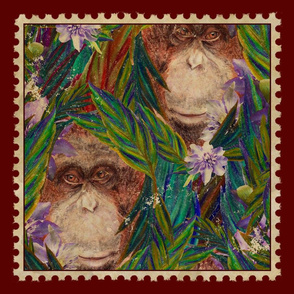 18" VINTAGE STAMP ORANGUTAN MONKEY green blue with seam allowance