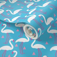 white and pink flamingos-on-blue