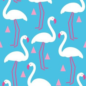 white and pink flamingos-on-blue