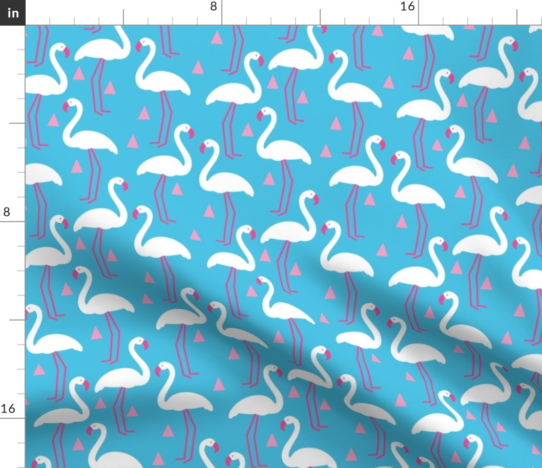 white and pink flamingos-on-blue