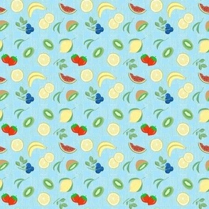 Blue Fabric with Fruit, Blueberries, Strawberries, Bananas, Kiwi, Watermelon, and Bananas on Light Background