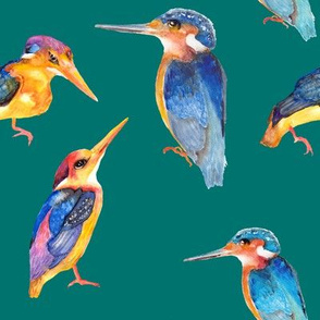 watercolor kingfisher birds on teal emerald green