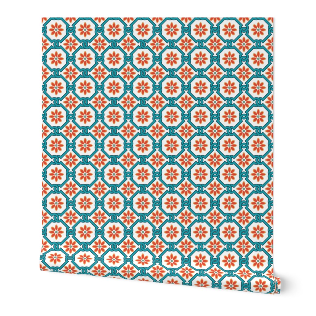 Spanish Floral Tile Inspired Aqua Orange on White