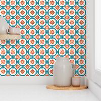 Spanish Floral Tile Inspired Aqua Orange on White