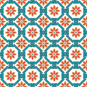 Spanish Floral Tile Inspired Aqua Orange on White