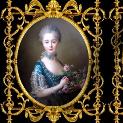 Marie Antoinette inspired princesses pink roses blue lace gowns chokers pearl bracelets baroque victorian flowers young girl gold black frame border medallion swirls scrolls filigree leaves leaf ballgowns rococo portraits beautiful beauty elegant gothic l