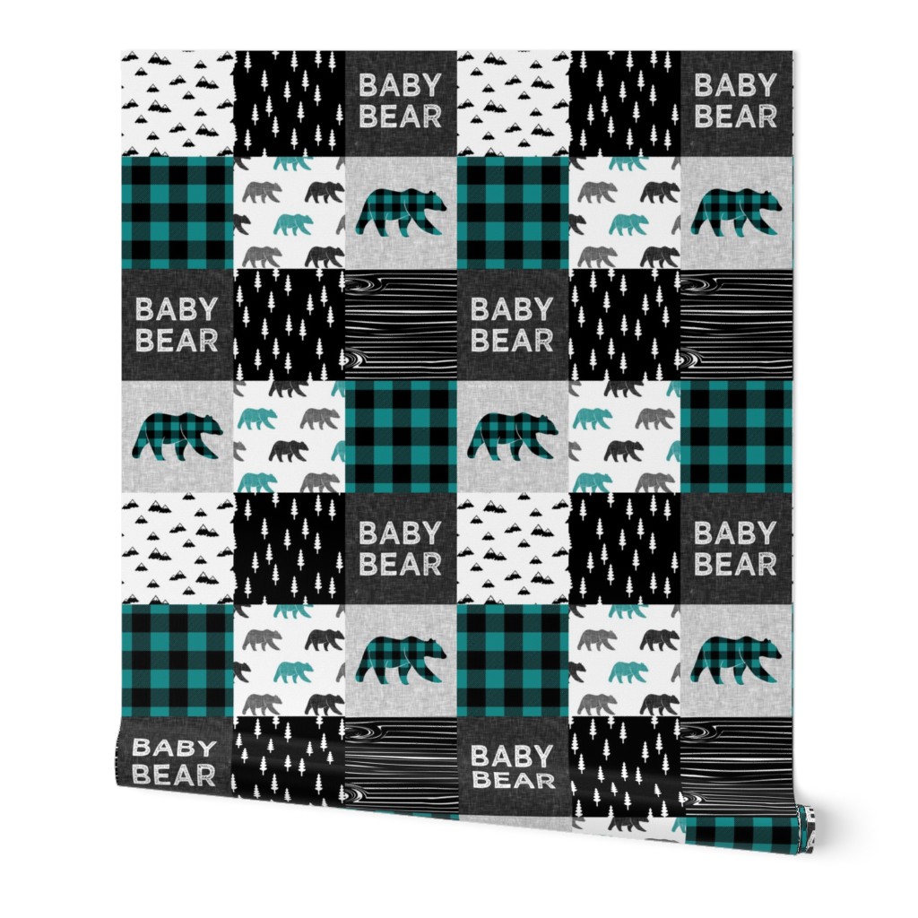 baby bear woodland patchwork fabric - dark teal, black, grey C18BS