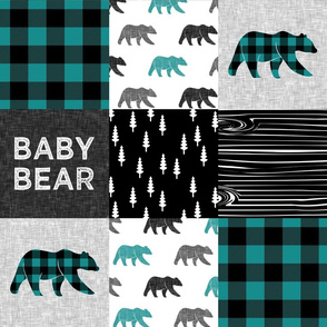 baby bear woodland patchwork fabric - dark teal, black, grey C18BS