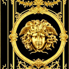 1 medusa baroque rococo black gold flowers floral filigree swirls scrolls victorian festoon medallions leaves leaf swags ornate acanthus gorgons Greek Greece mythology   inspired   