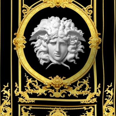 2 medusa baroque rococo black gold white flowers floral old  filigree swirls scrolls victorian festoon medallions leaves leaf swags ornate acanthus gorgons Greek Greece mythology   inspired   