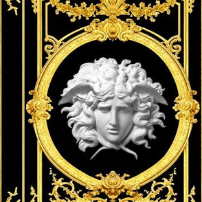 2 medusa baroque rococo black gold white flowers floral old  filigree swirls scrolls victorian festoon medallions leaves leaf swags ornate acanthus gorgons Greek Greece mythology   inspired   