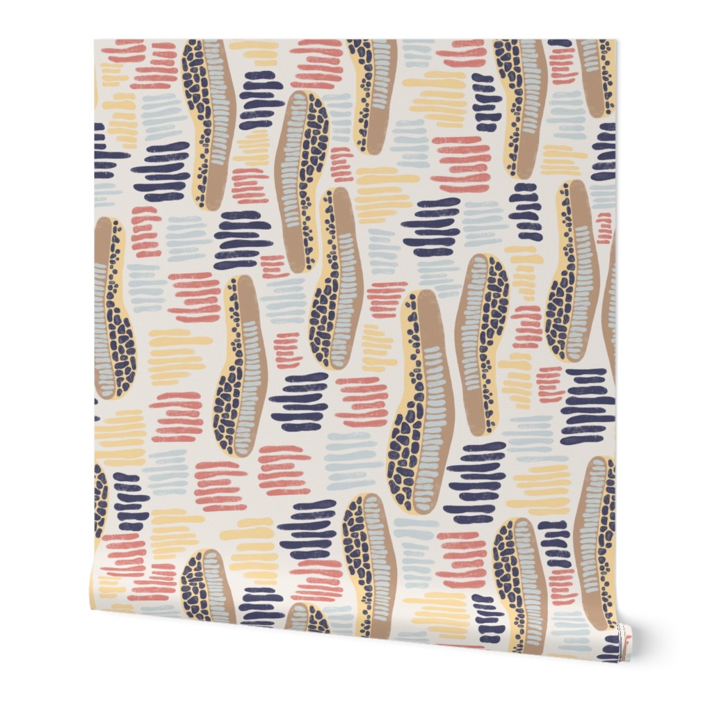 Abstract shapes and stripes blue coral yellow on a white background