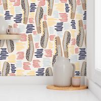 Abstract shapes and stripes blue coral yellow on a white background