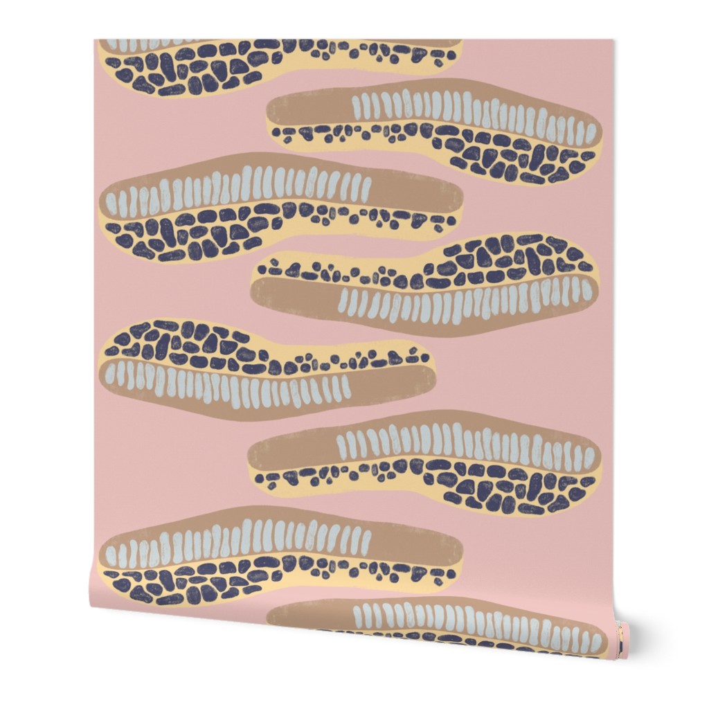 abstract horizontal shapes brown light blue navy blue yellow on a pink background