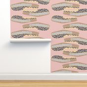 abstract horizontal shapes brown light blue navy blue yellow on a pink background