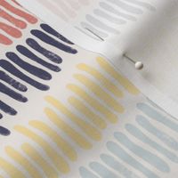 Irregular vertical doodle stripes in a horizontal row. Blue coral yellow stripes lined up on a white background 