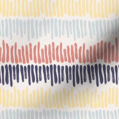 Irregular vertical doodle stripes in a horizontal row. Blue coral yellow stripes lined up on a white background 
