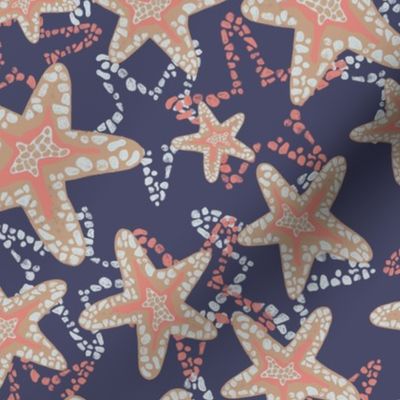 Seastar starfish pattern. Coral brown light blue sea stars on a dark blue background. Layered style.  