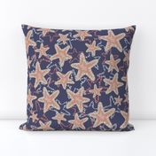 Seastar starfish pattern. Coral brown light blue sea stars on a dark blue background. Layered style.  