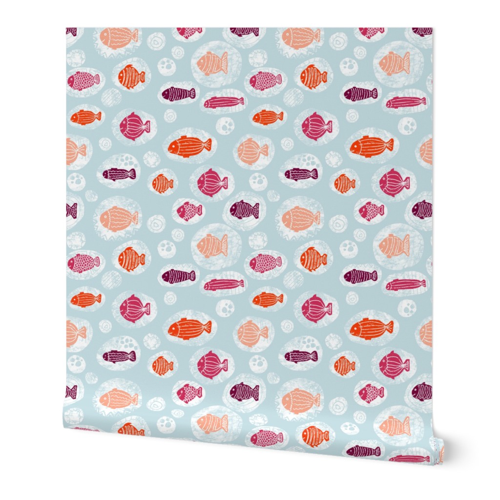 Doodle fishes orange pink purple coral in bubbles on a blue background. 