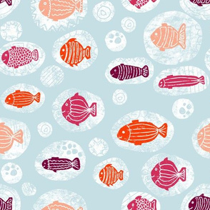 Doodle fishes orange pink purple coral in bubbles on a blue background. 