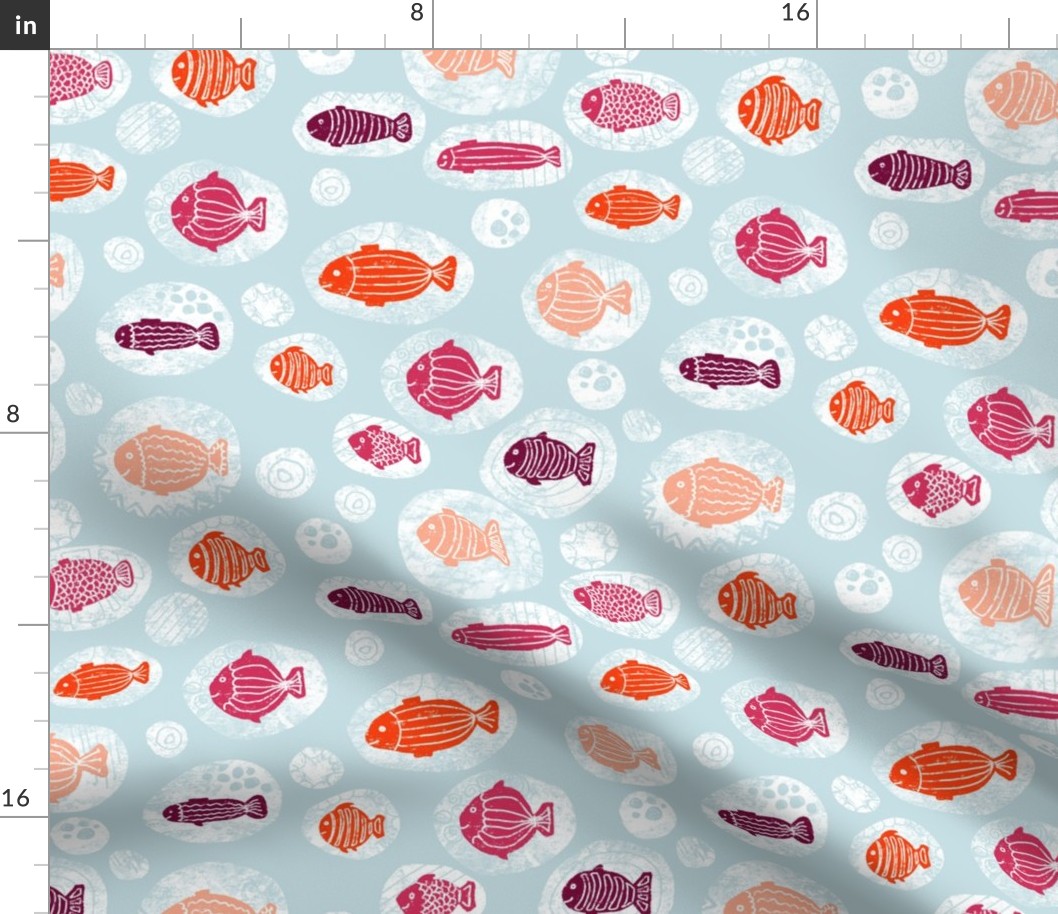 Doodle fishes orange pink purple coral in bubbles on a blue background. 