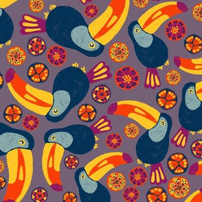 Happy toucans with fruit slices