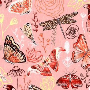 Dragonflies, Butterflies And Moths In Coral, Orange Mustard, Yellow And Red - Big