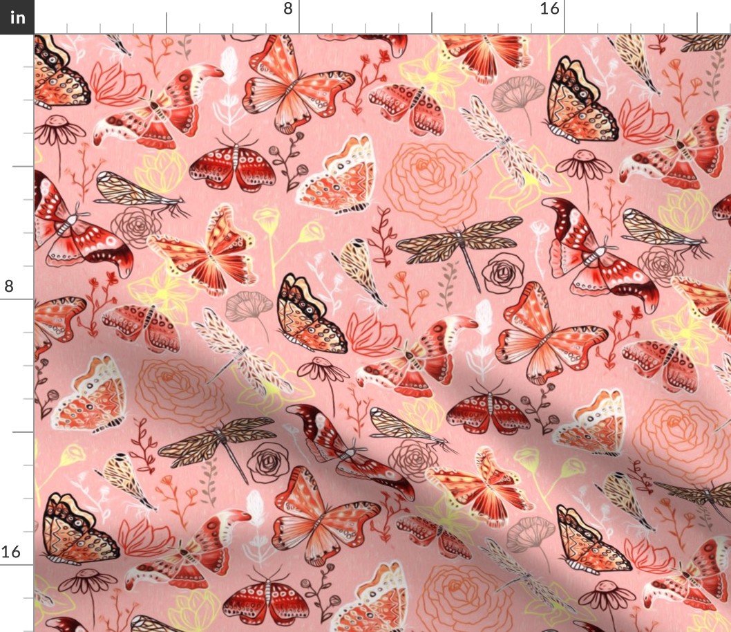 Dragonflies, Butterflies And Moths In Coral, Orange Mustard, Yellow And Red - Big