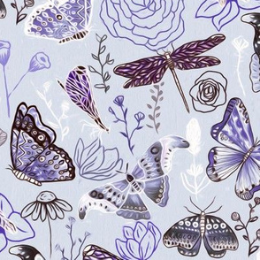 Dragonflies, Butterflies And Moths In Baby Blue,  Purple Amethyst And Grey - Big