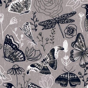  Dragonflies, Butterflies And Moths In Grey, Black And White - Big