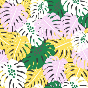 Monstera Leaves - pink yellow green