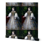 1 Queen Elizabeth 1 inspired princesses Queens renaissance tudor big lace ruff collar baroque pearls white gold gown flowers floral vines leaves crown tiara french france fur sleeves beauty elizabethan era 16th century 17th century historical embroidery o