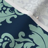 Delicious Damask- Spoonflower Green on Navy Blue