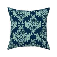 Delicious Damask- Spoonflower Green on Navy Blue